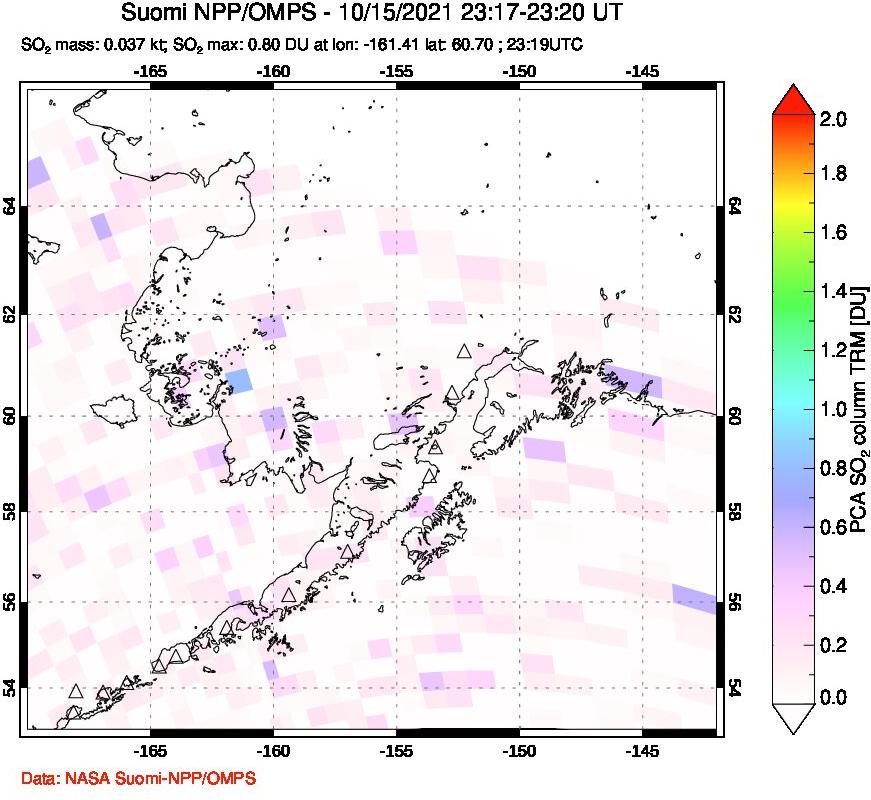 A sulfur dioxide image over Alaska, USA on Oct 15, 2021.
