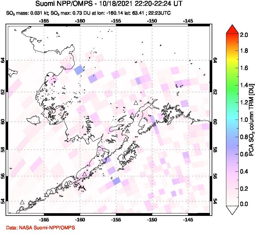A sulfur dioxide image over Alaska, USA on Oct 18, 2021.