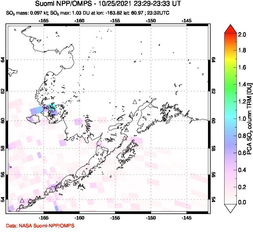 A sulfur dioxide image over Alaska, USA on Oct 25, 2021.