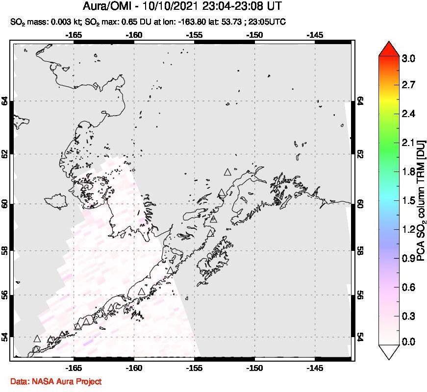 A sulfur dioxide image over Alaska, USA on Oct 10, 2021.