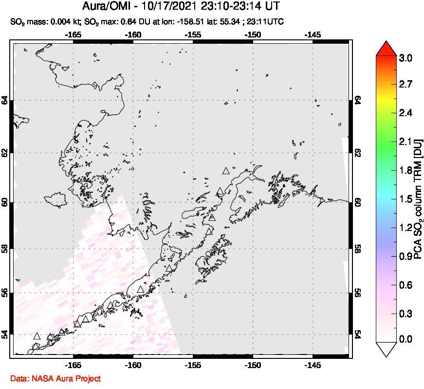 A sulfur dioxide image over Alaska, USA on Oct 17, 2021.