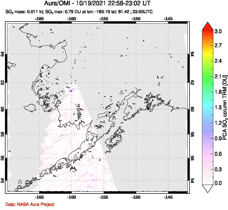 A sulfur dioxide image over Alaska, USA on Oct 19, 2021.