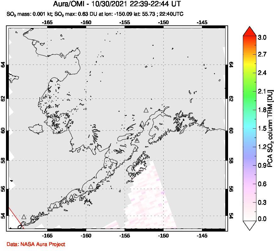 A sulfur dioxide image over Alaska, USA on Oct 30, 2021.