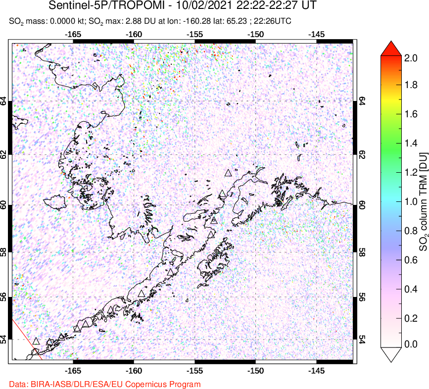 A sulfur dioxide image over Alaska, USA on Oct 02, 2021.