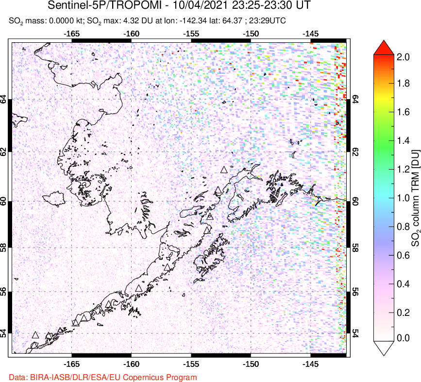 A sulfur dioxide image over Alaska, USA on Oct 04, 2021.