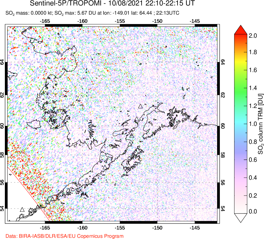 A sulfur dioxide image over Alaska, USA on Oct 08, 2021.