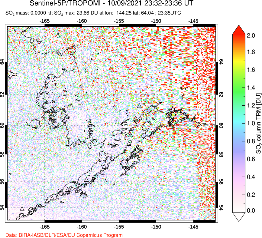 A sulfur dioxide image over Alaska, USA on Oct 09, 2021.