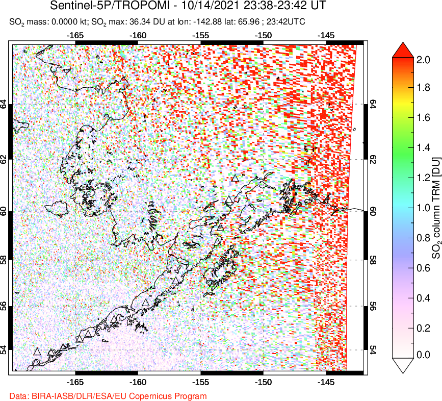 A sulfur dioxide image over Alaska, USA on Oct 14, 2021.