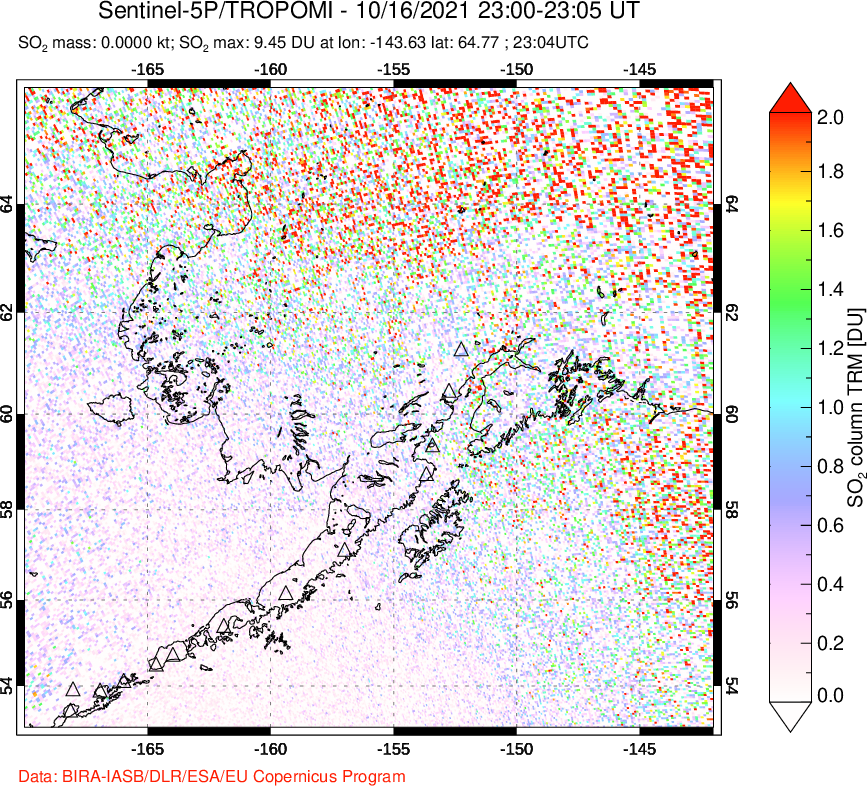 A sulfur dioxide image over Alaska, USA on Oct 16, 2021.