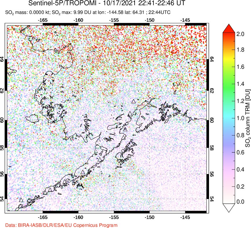 A sulfur dioxide image over Alaska, USA on Oct 17, 2021.