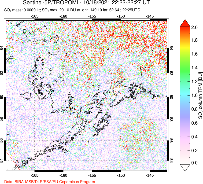 A sulfur dioxide image over Alaska, USA on Oct 18, 2021.