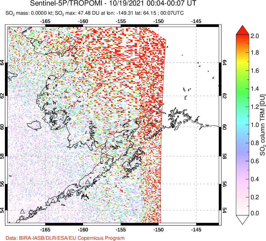 A sulfur dioxide image over Alaska, USA on Oct 19, 2021.