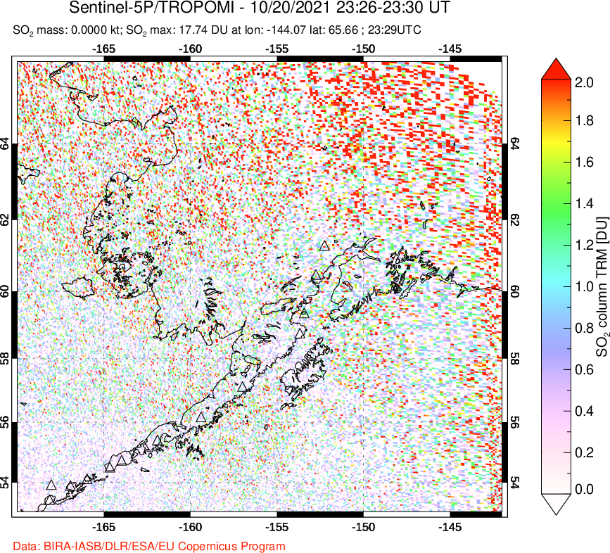 A sulfur dioxide image over Alaska, USA on Oct 20, 2021.