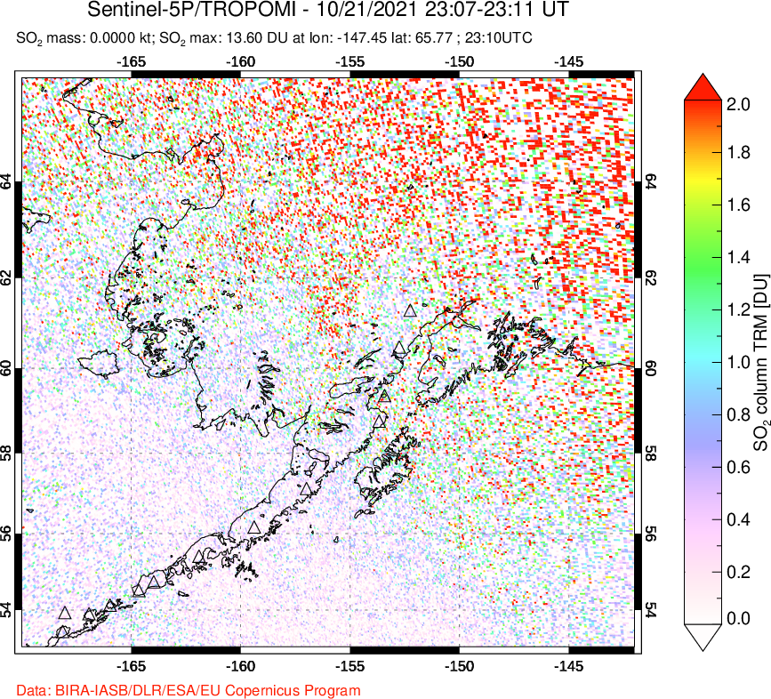 A sulfur dioxide image over Alaska, USA on Oct 21, 2021.