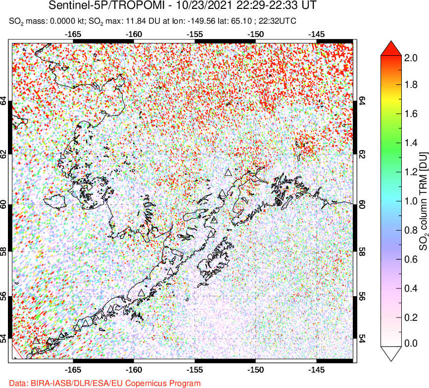A sulfur dioxide image over Alaska, USA on Oct 23, 2021.