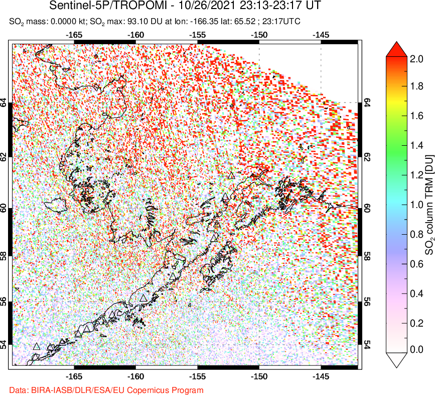 A sulfur dioxide image over Alaska, USA on Oct 26, 2021.