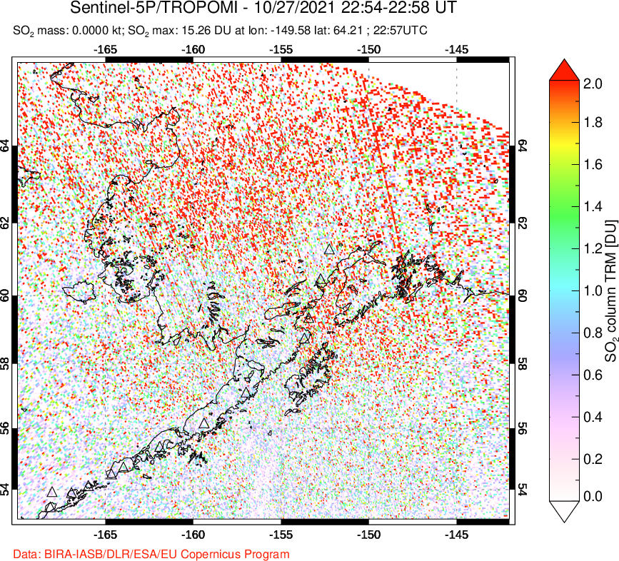 A sulfur dioxide image over Alaska, USA on Oct 27, 2021.