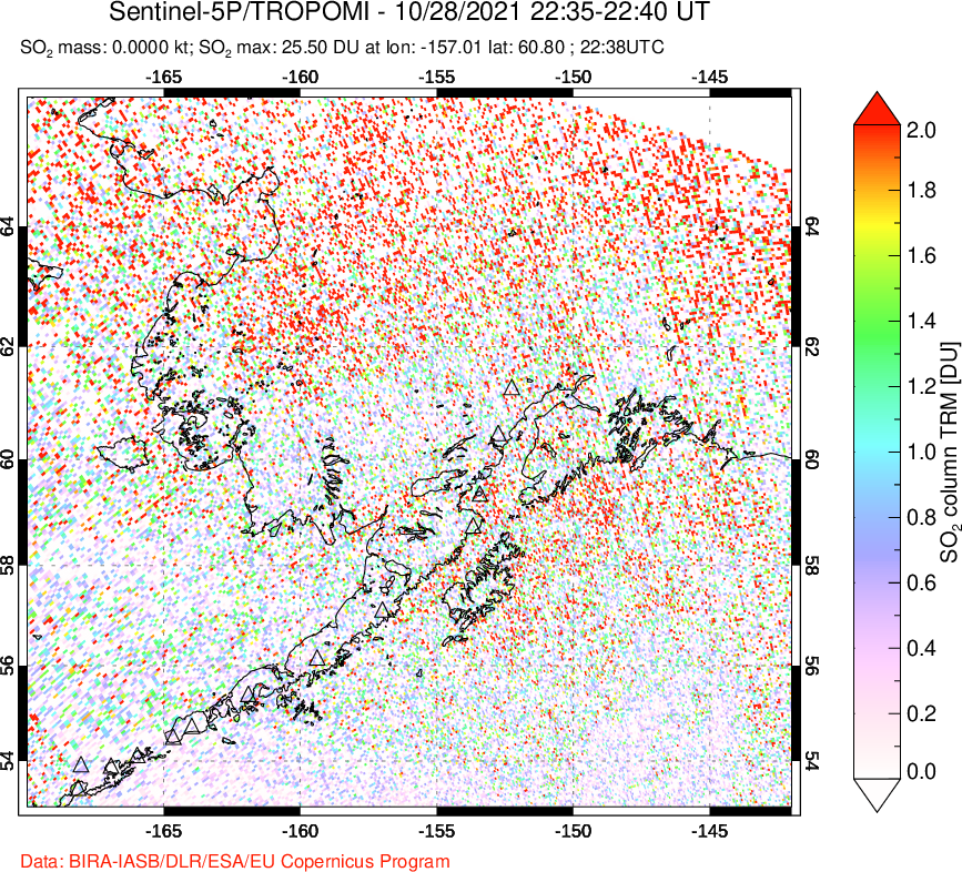 A sulfur dioxide image over Alaska, USA on Oct 28, 2021.