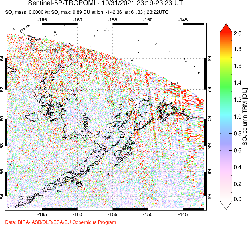 A sulfur dioxide image over Alaska, USA on Oct 31, 2021.