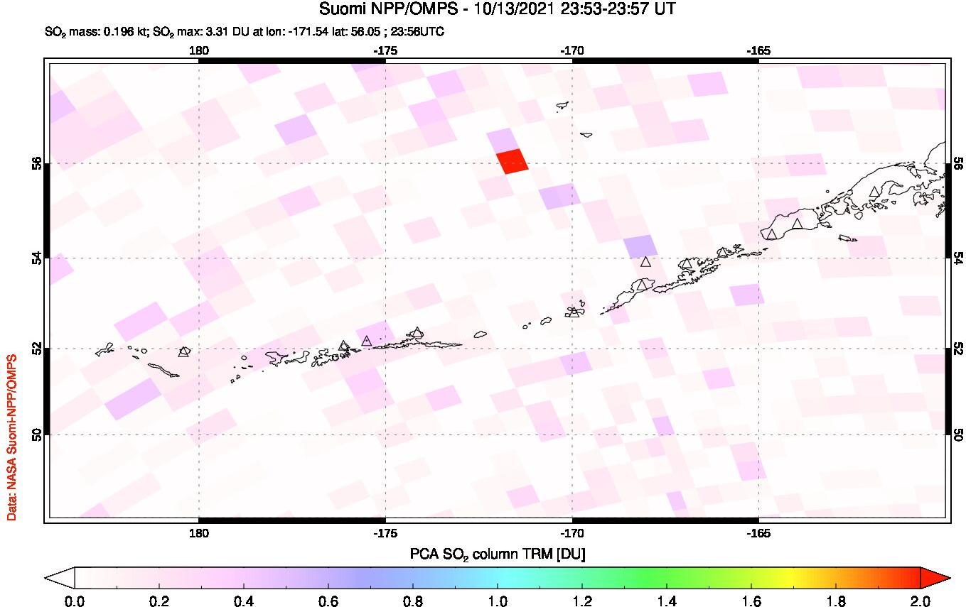 A sulfur dioxide image over Aleutian Islands, Alaska, USA on Oct 13, 2021.