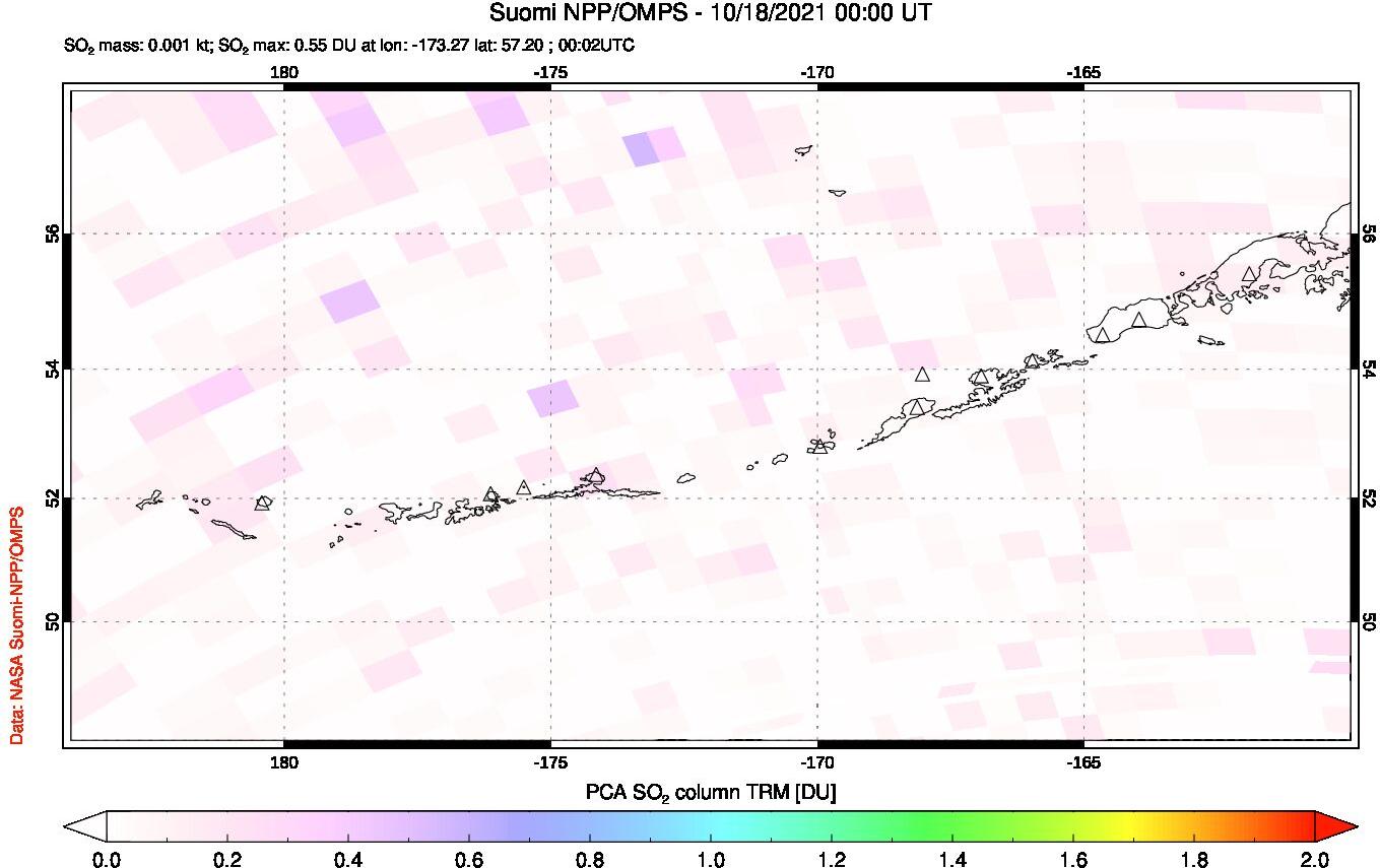 A sulfur dioxide image over Aleutian Islands, Alaska, USA on Oct 18, 2021.