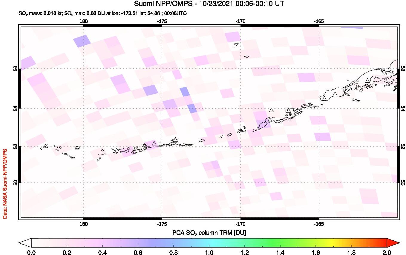 A sulfur dioxide image over Aleutian Islands, Alaska, USA on Oct 23, 2021.