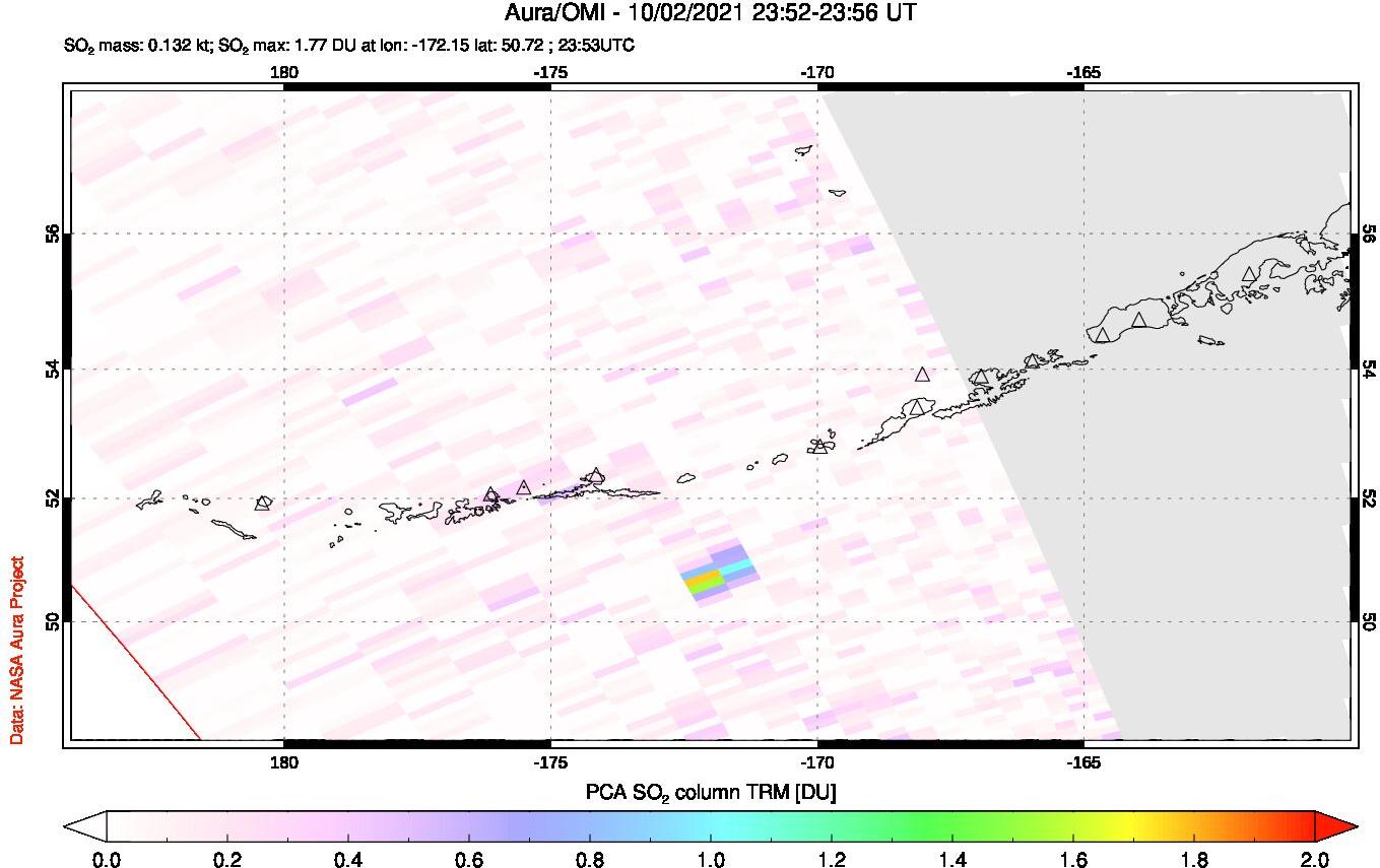 A sulfur dioxide image over Aleutian Islands, Alaska, USA on Oct 02, 2021.