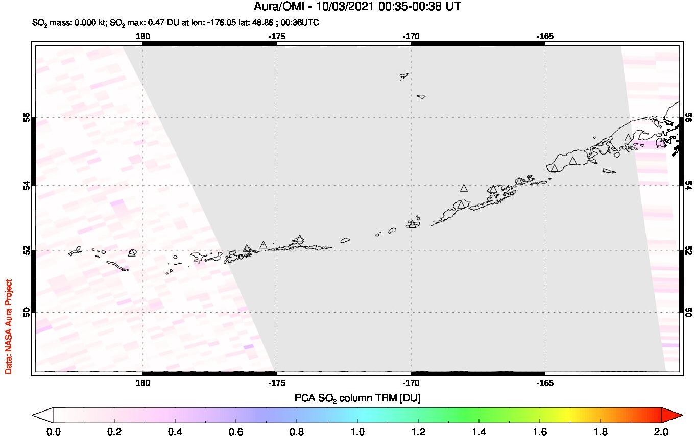 A sulfur dioxide image over Aleutian Islands, Alaska, USA on Oct 03, 2021.