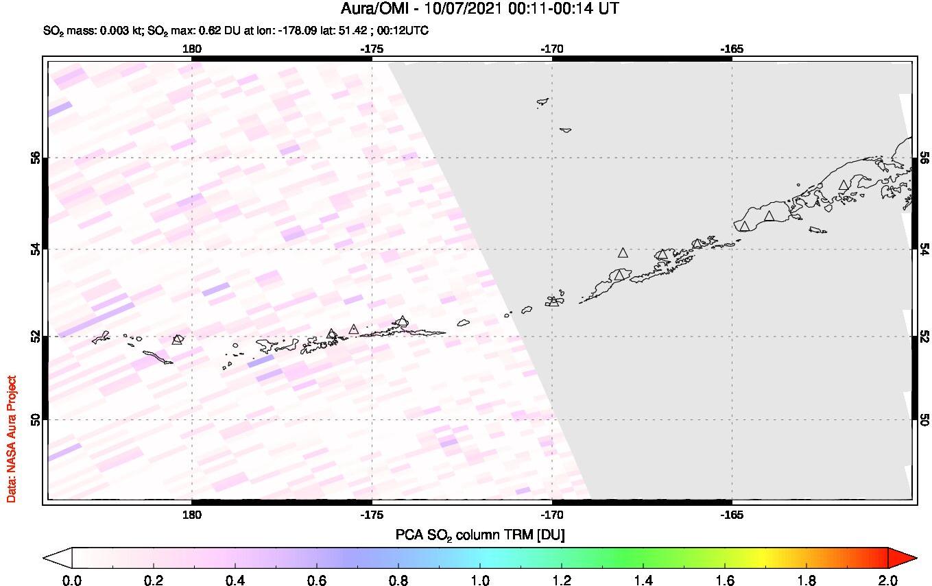 A sulfur dioxide image over Aleutian Islands, Alaska, USA on Oct 07, 2021.