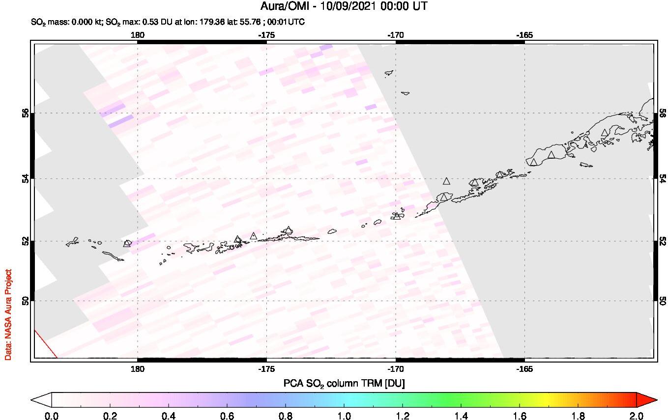 A sulfur dioxide image over Aleutian Islands, Alaska, USA on Oct 09, 2021.