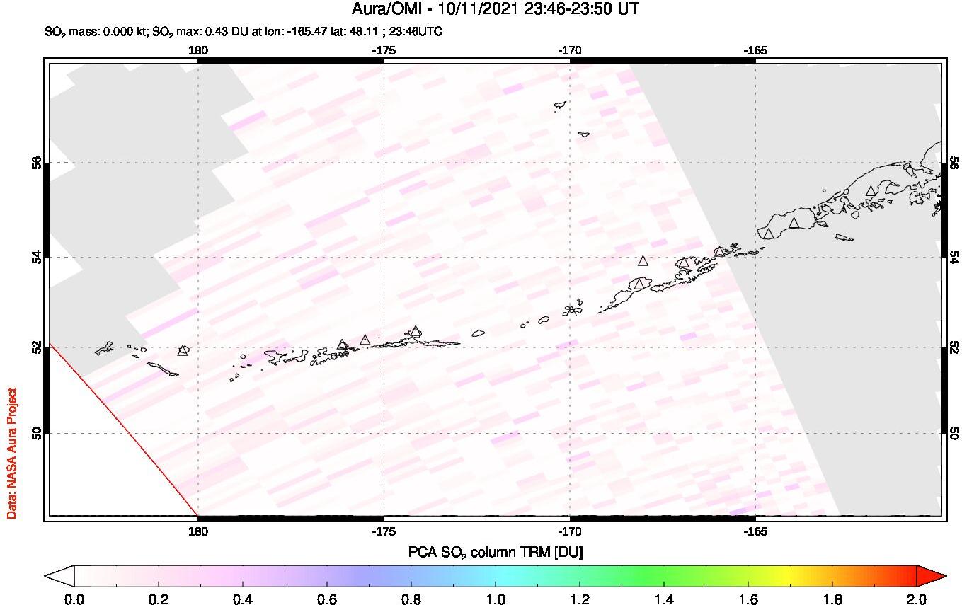 A sulfur dioxide image over Aleutian Islands, Alaska, USA on Oct 11, 2021.