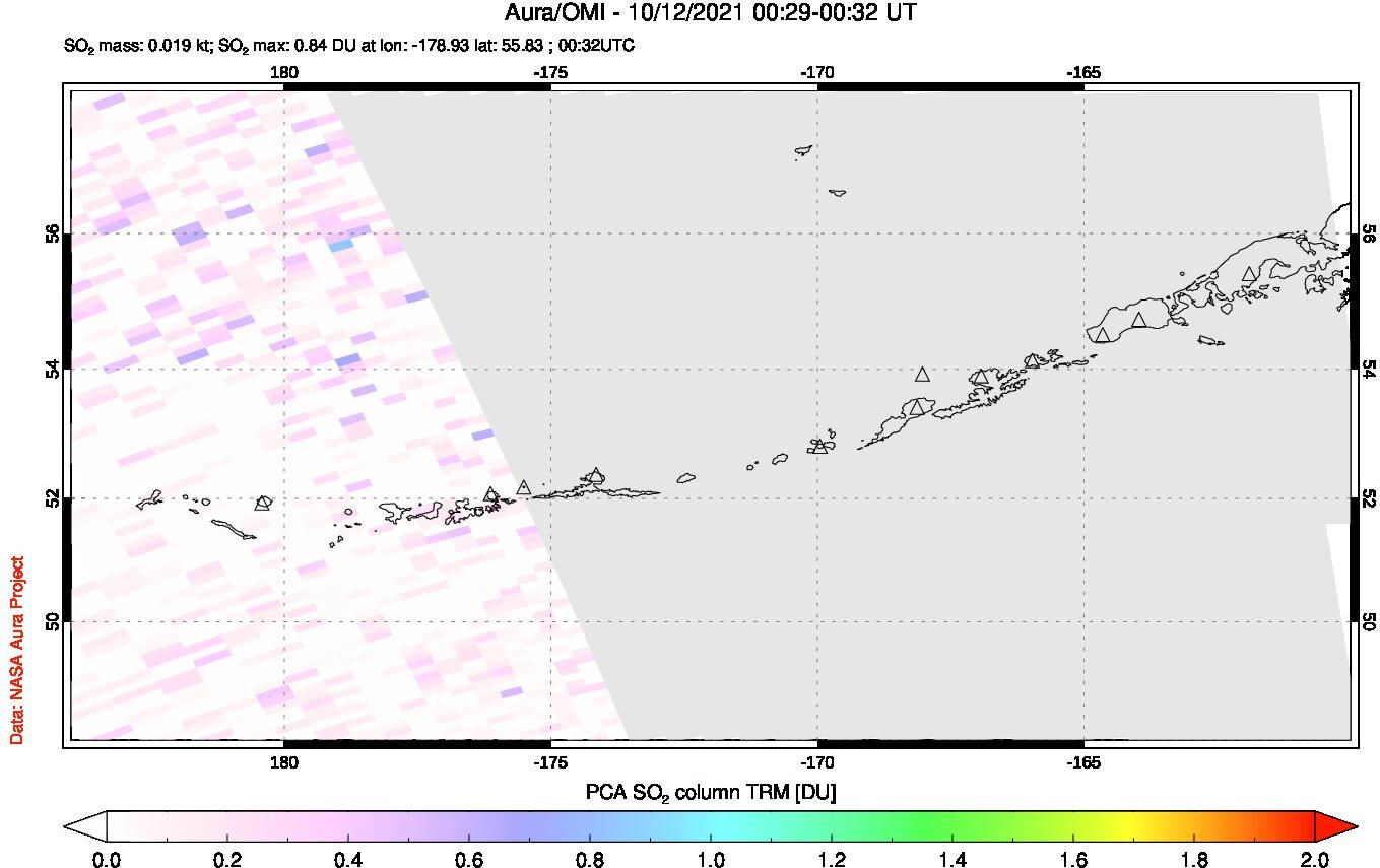 A sulfur dioxide image over Aleutian Islands, Alaska, USA on Oct 12, 2021.