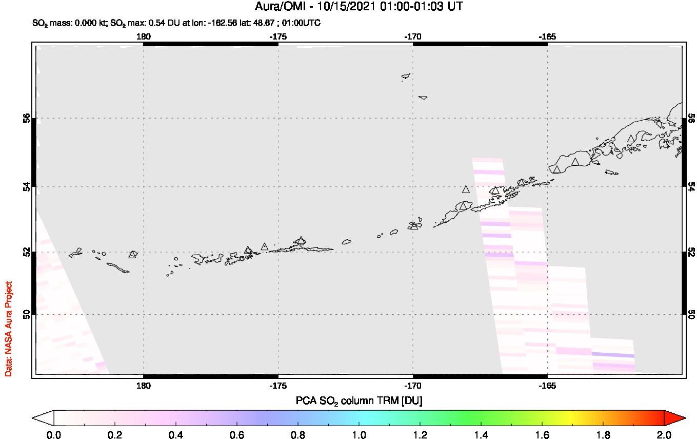 A sulfur dioxide image over Aleutian Islands, Alaska, USA on Oct 15, 2021.