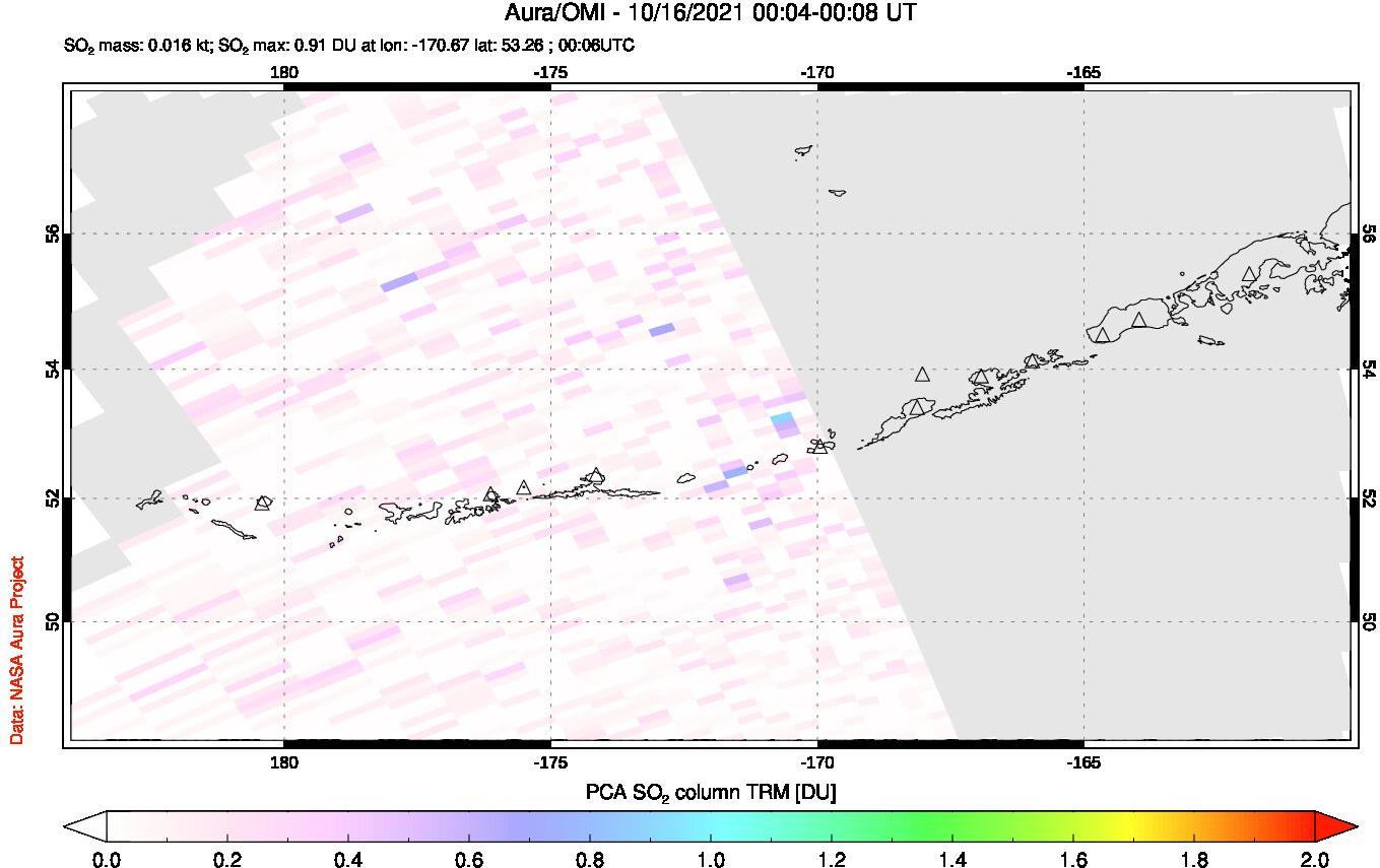 A sulfur dioxide image over Aleutian Islands, Alaska, USA on Oct 16, 2021.