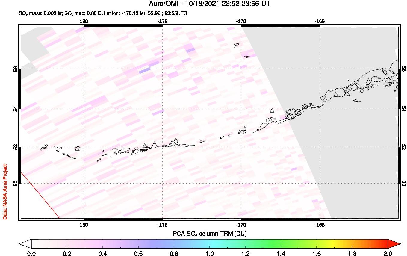 A sulfur dioxide image over Aleutian Islands, Alaska, USA on Oct 18, 2021.