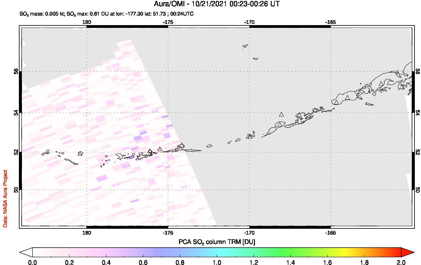A sulfur dioxide image over Aleutian Islands, Alaska, USA on Oct 21, 2021.