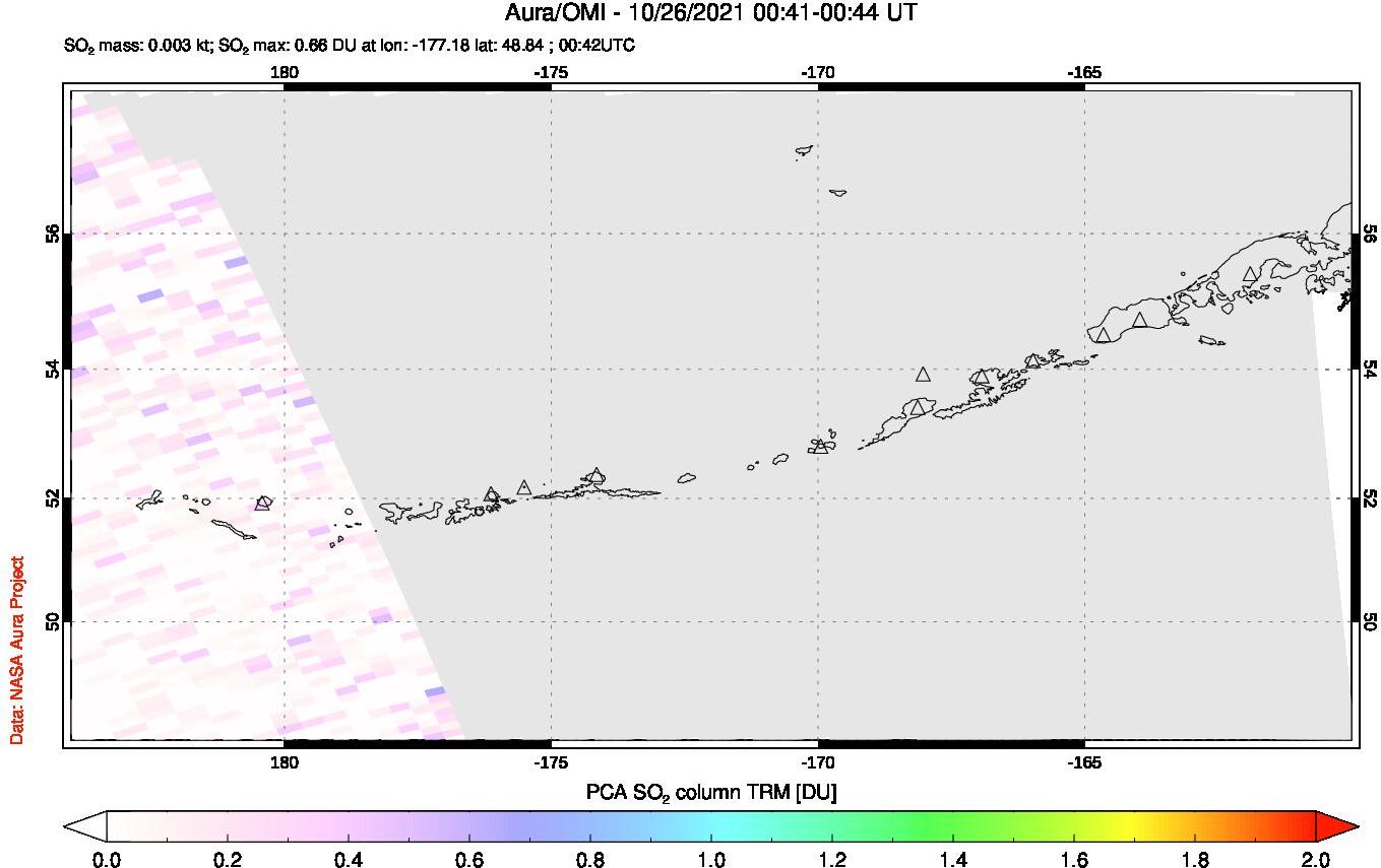 A sulfur dioxide image over Aleutian Islands, Alaska, USA on Oct 26, 2021.