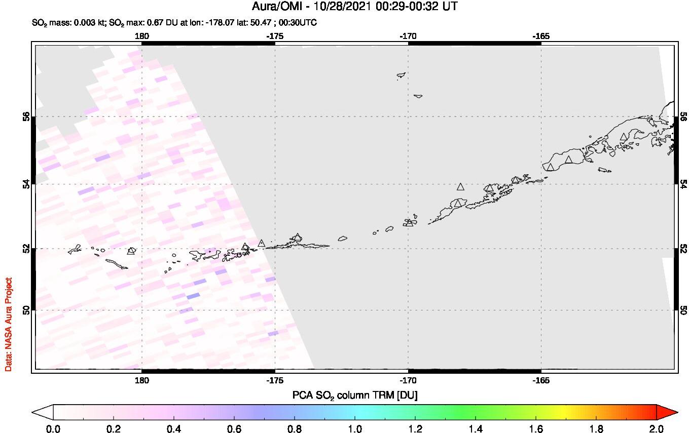 A sulfur dioxide image over Aleutian Islands, Alaska, USA on Oct 28, 2021.