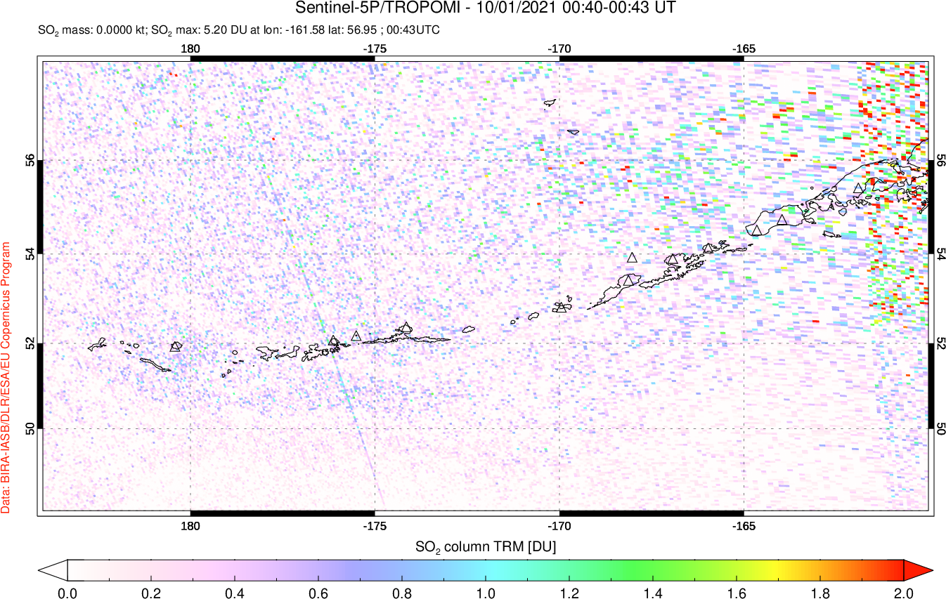 A sulfur dioxide image over Aleutian Islands, Alaska, USA on Oct 01, 2021.