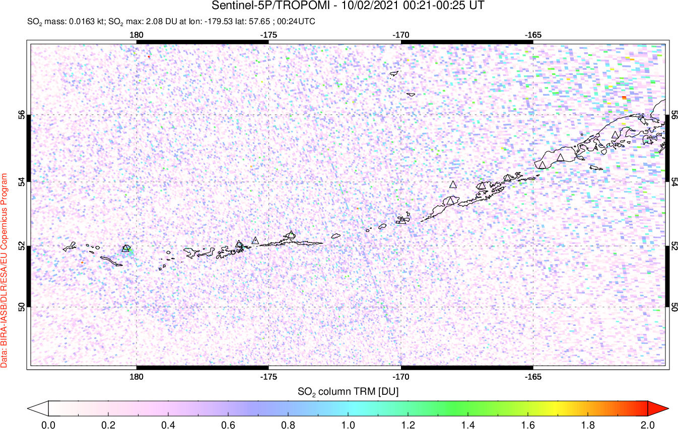 A sulfur dioxide image over Aleutian Islands, Alaska, USA on Oct 02, 2021.