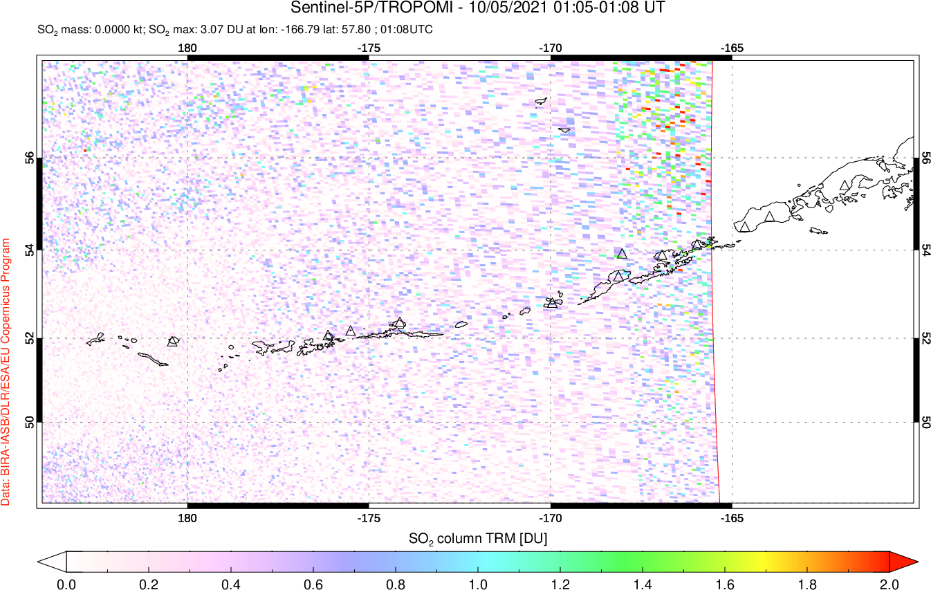 A sulfur dioxide image over Aleutian Islands, Alaska, USA on Oct 05, 2021.
