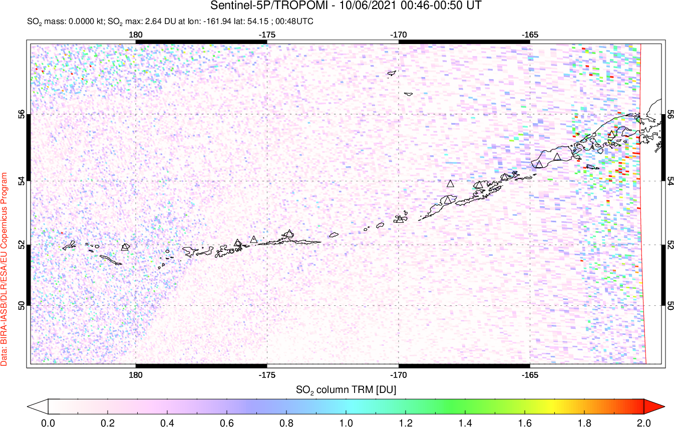 A sulfur dioxide image over Aleutian Islands, Alaska, USA on Oct 06, 2021.