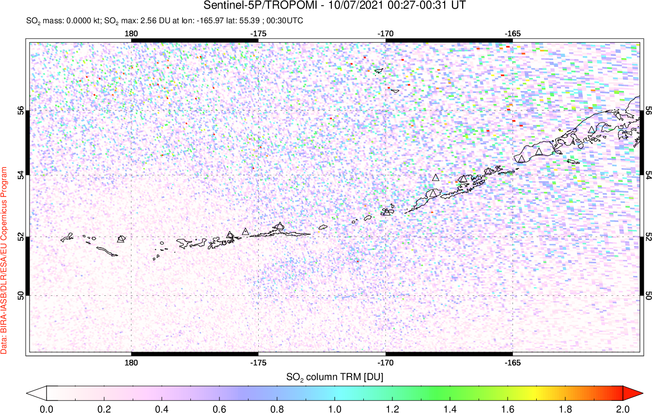 A sulfur dioxide image over Aleutian Islands, Alaska, USA on Oct 07, 2021.