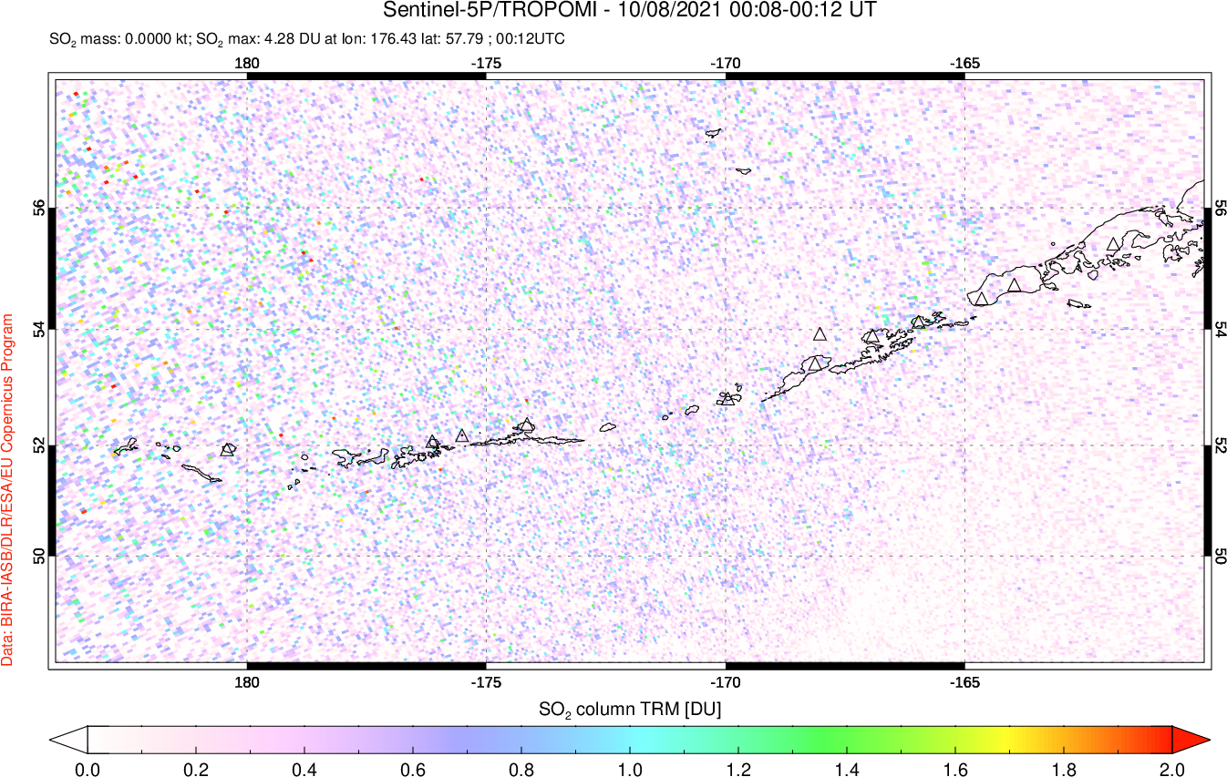 A sulfur dioxide image over Aleutian Islands, Alaska, USA on Oct 08, 2021.