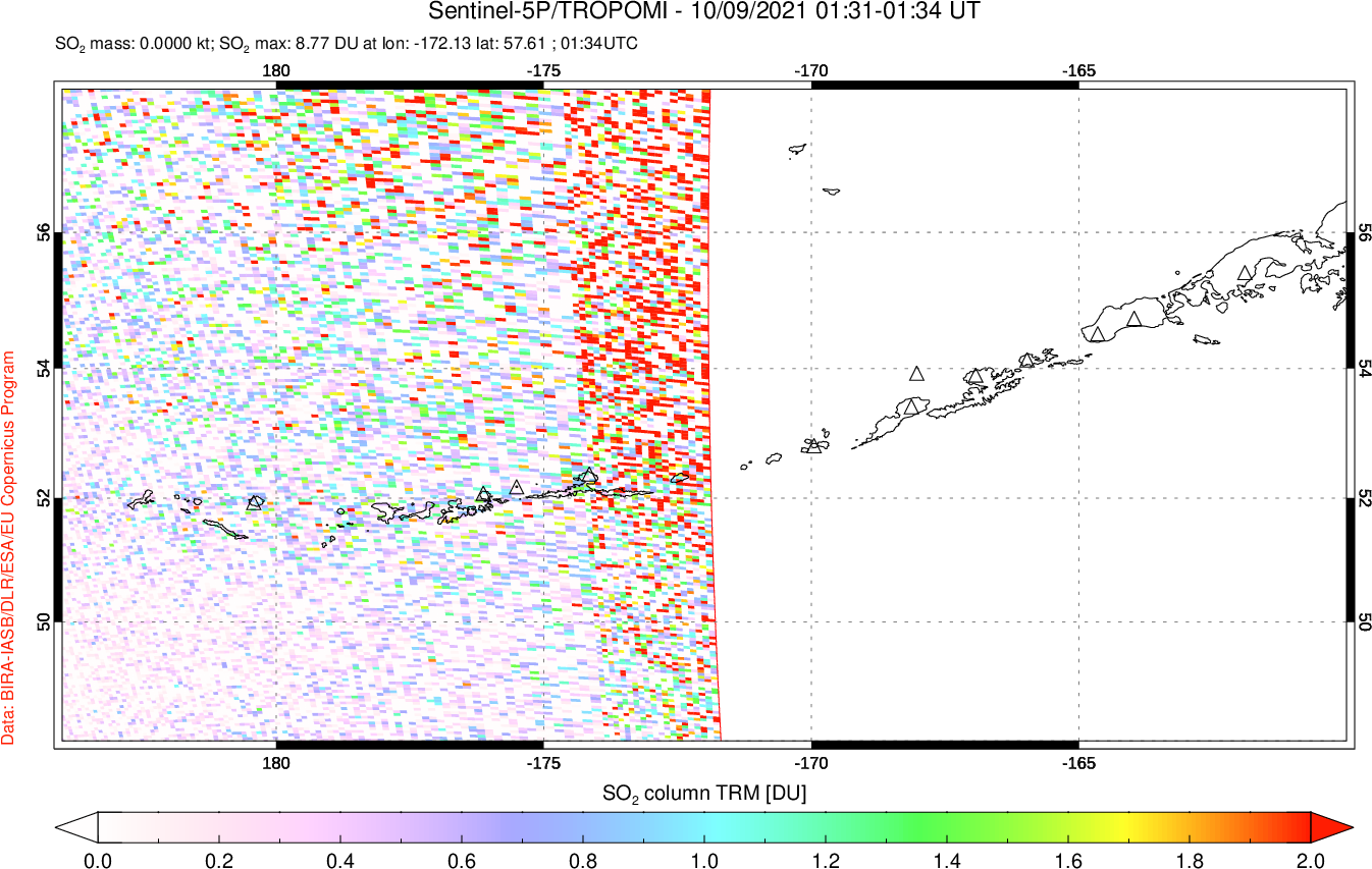 A sulfur dioxide image over Aleutian Islands, Alaska, USA on Oct 09, 2021.