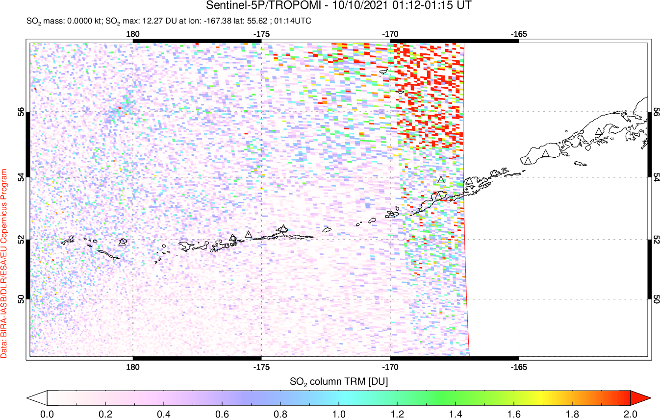 A sulfur dioxide image over Aleutian Islands, Alaska, USA on Oct 10, 2021.