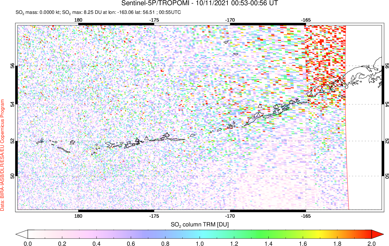A sulfur dioxide image over Aleutian Islands, Alaska, USA on Oct 11, 2021.