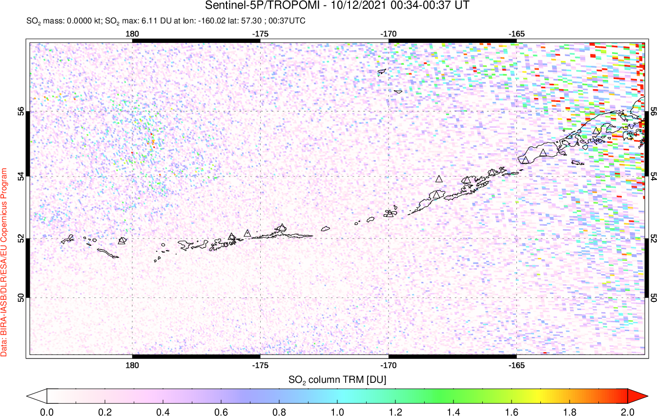 A sulfur dioxide image over Aleutian Islands, Alaska, USA on Oct 12, 2021.