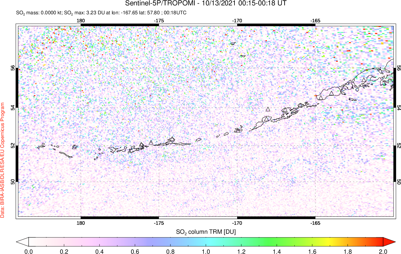A sulfur dioxide image over Aleutian Islands, Alaska, USA on Oct 13, 2021.