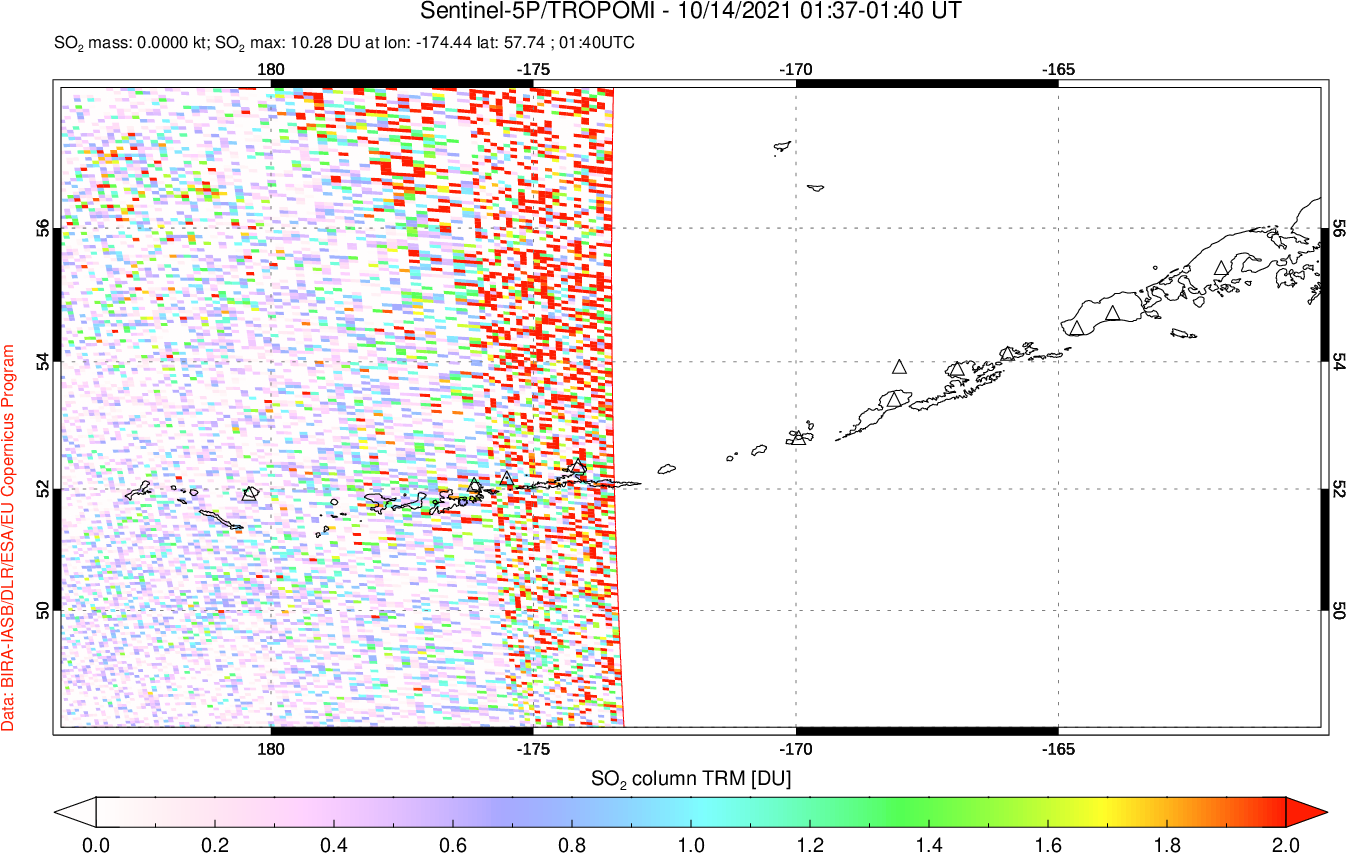 A sulfur dioxide image over Aleutian Islands, Alaska, USA on Oct 14, 2021.